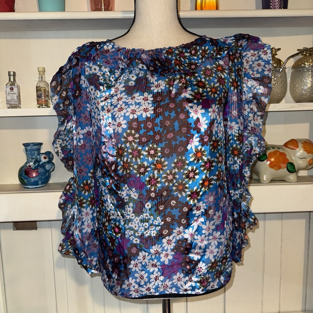 Kate Spade Blue Floral Sheer Ruffle 100% Silk Long Sleeve Blouse Womens XXS